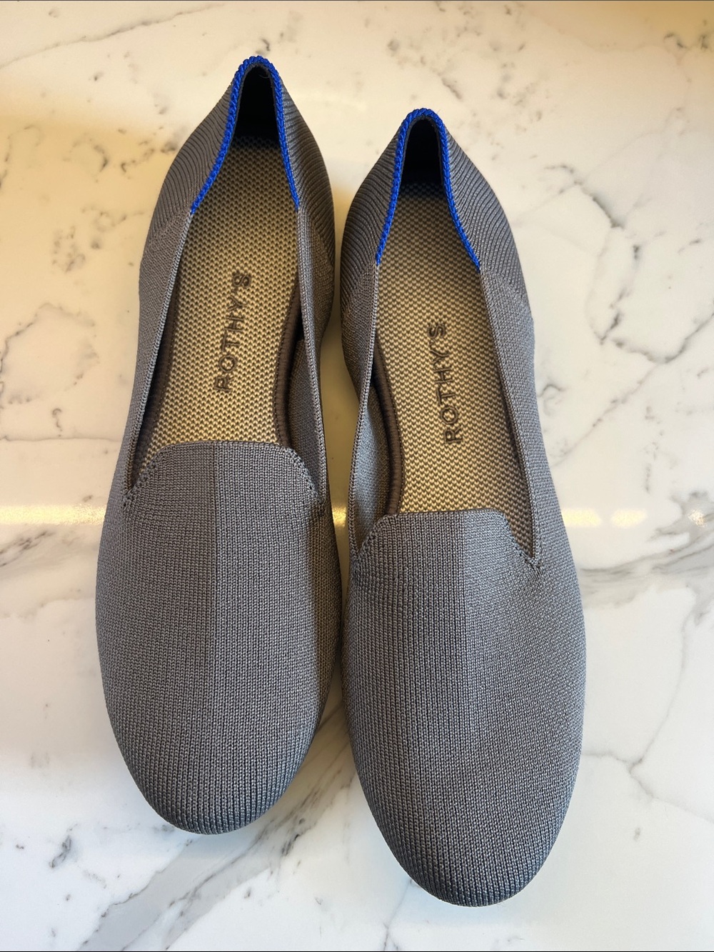 Rothy's Gray Knit Slip-On Flats with Blue Trim
